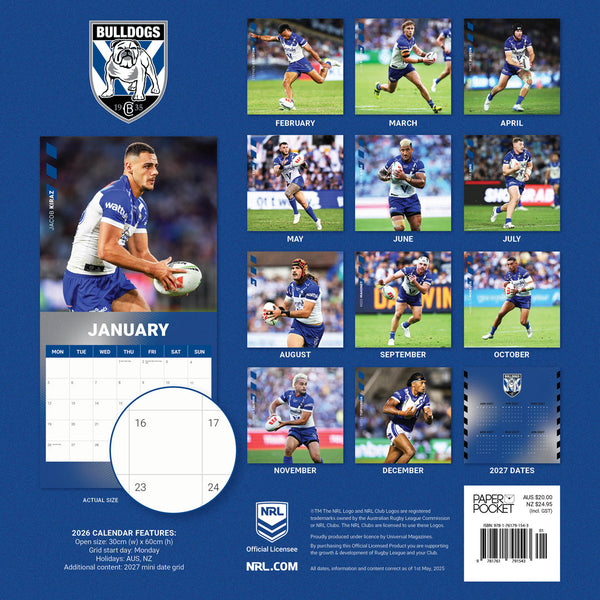 Nrl Canterbury Bankstown Bulldogs 2026 Calendar Monthly Overview