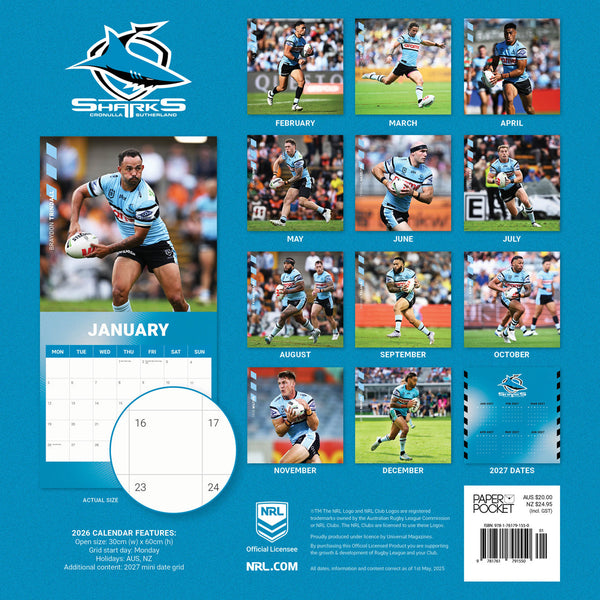 Nrl Cronulla Sharks 2026 Calendar Monthly Overview
