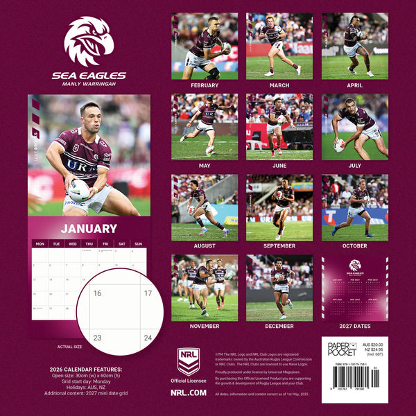 Nrl Manly Sea Eagles 2026 Calendar Monthly Overview