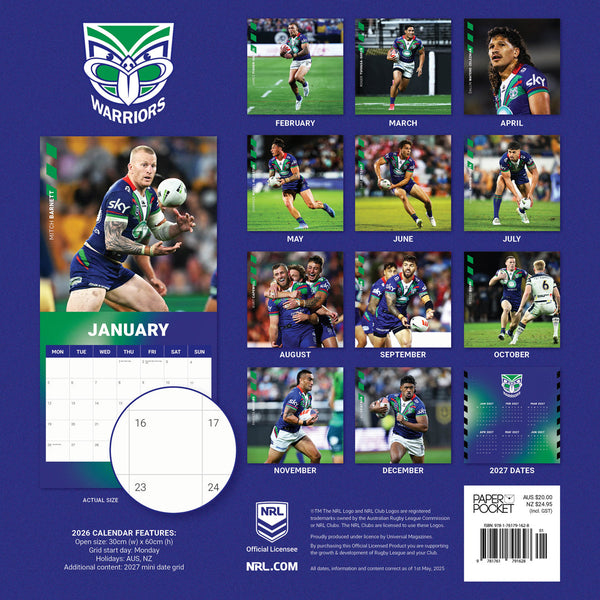 Nrl New Zealand Warriors 2026 Calendar Monthly Overview