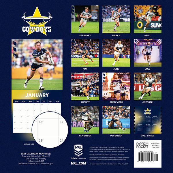 Nrl North Queensland Cowboys 2026 Calendar Monthly Overview