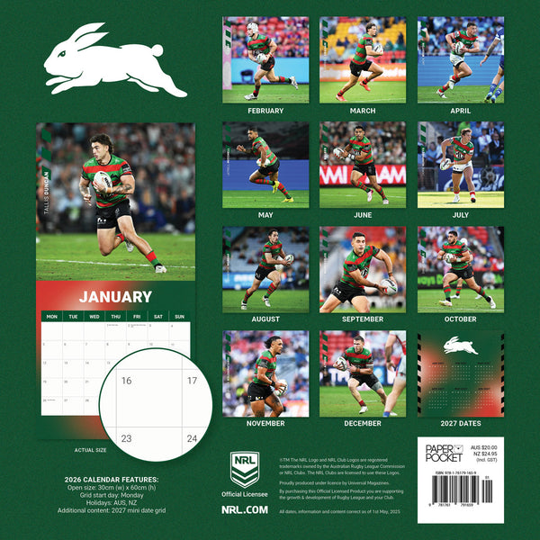 Nrl South Sydney Rabbitohs 2026 Calendar Monthly Overview