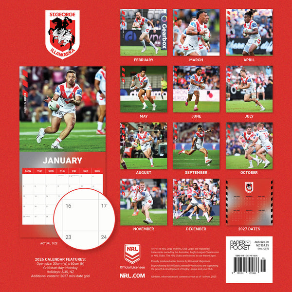 Nrl St George Illawarra Dragons 2026 Calendar Monthly Overview