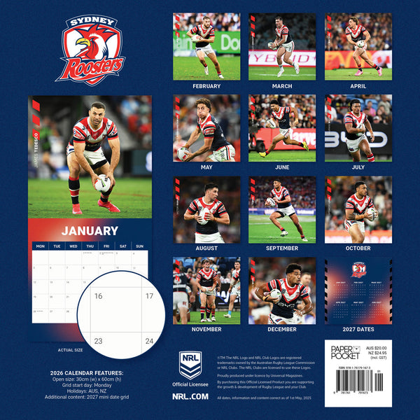 Nrl Sydney Roosters 2026 Calendar Monthly Overview