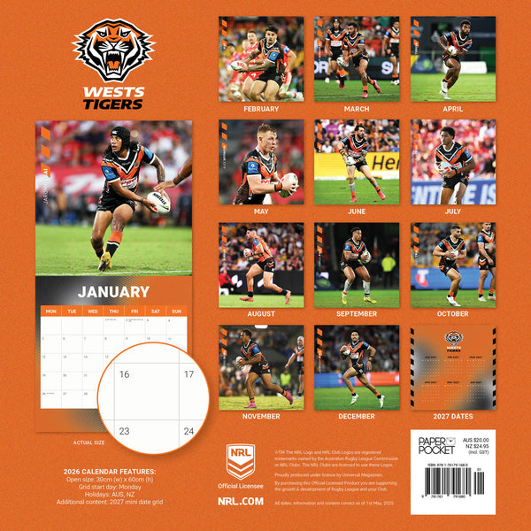 Nrl Wests Tigers 2026 Calendar Monthly Overview