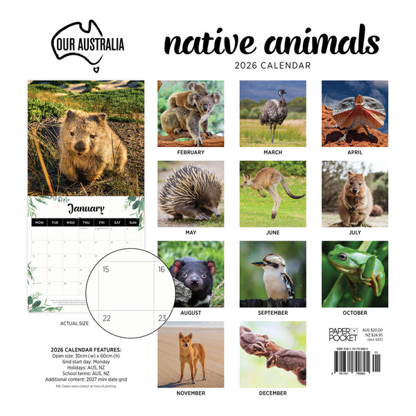 Our Australia Native Animals 2026 Calendar Monthly Overview