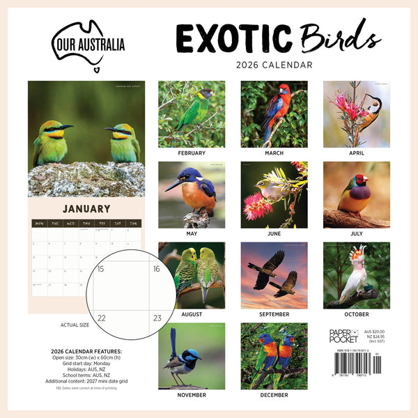 Our Australia Exotic Birds 2026 Calendar Monthly Overview