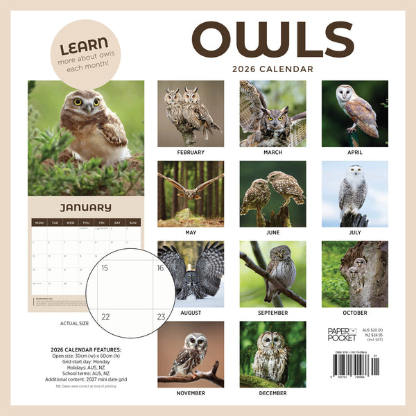 Owls 2026 Calendar Back Cover