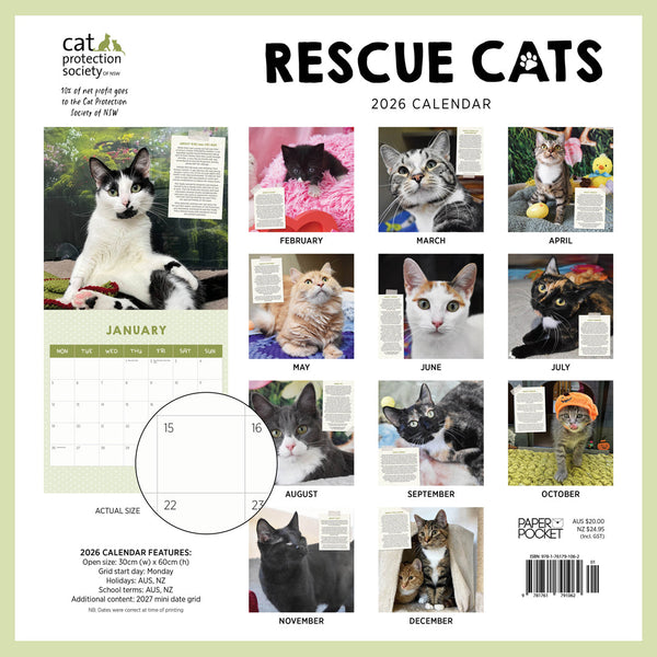 Rescue Cats 2026 Calendar Monthly Overview