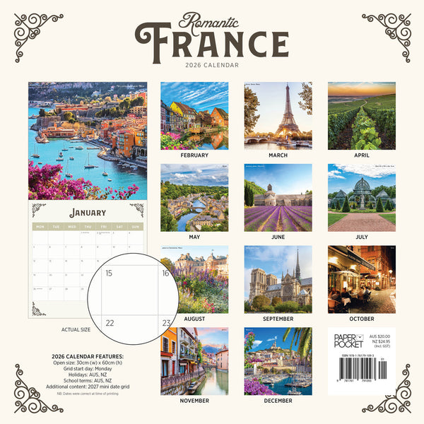 Romantic France 2026 Calendar Monthly Overview