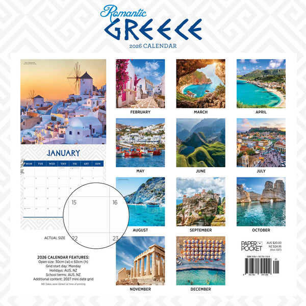 Romantic Greece 2026 Calendar Monthly Overview