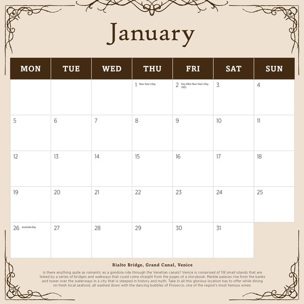 Romantic Italy 2026 Calendar January