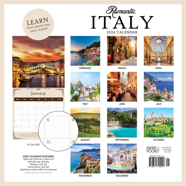 Romantic Italy 2026 Calendar Monthly Overview