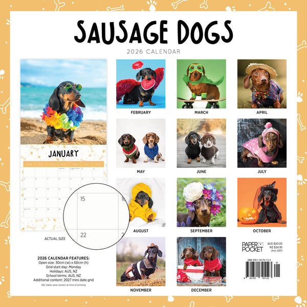 Sausage Dogs 2026 Calendar Monthly Overview