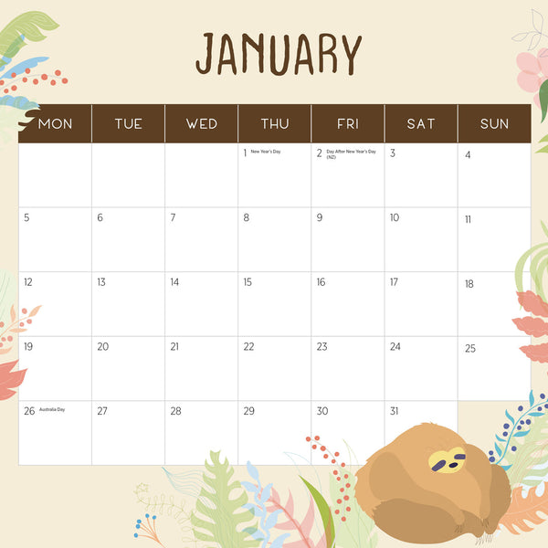 Sloths 2026 Calendar January