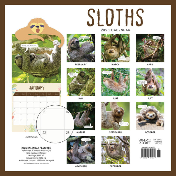 Sloths 2026 Calendar Back Cover
