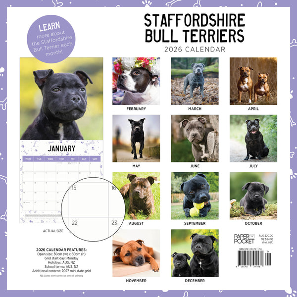 Staffordshire Bull Terriers 2026 Calendar Monthly Overview