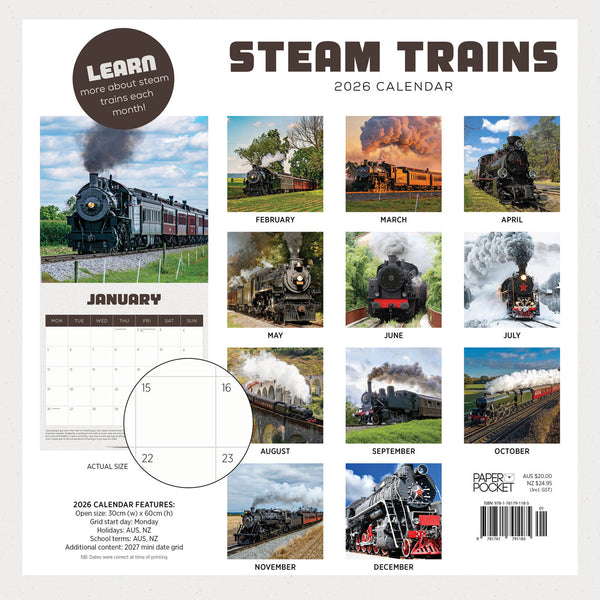 Steam Trains 2026 Calendar Monthly Overview