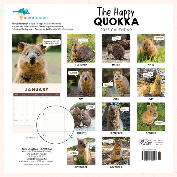 Happy Quokka 2026 Calendar Monthly Overview