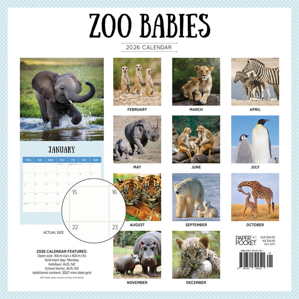 Zoo Babies 2026 Calendar Monthly Overview