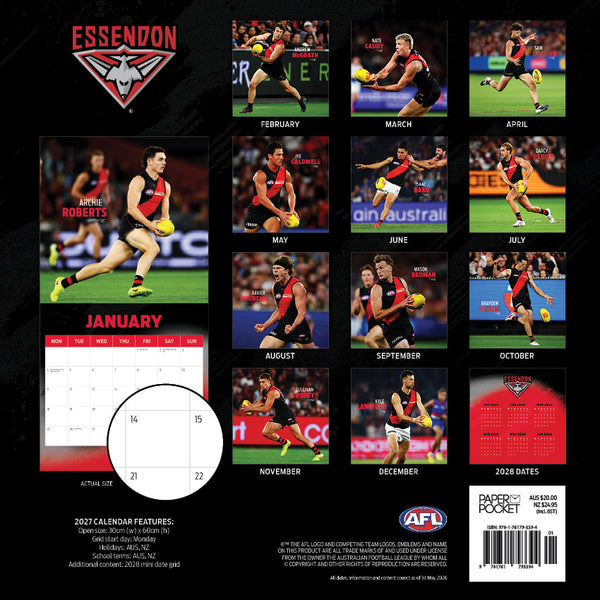 AFL Essendon Bombers Calendar 2027