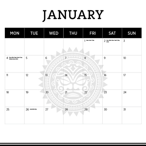New Zealand Calendar 2027