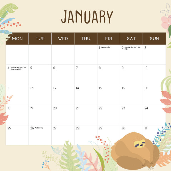 Sloths Calendar 2027