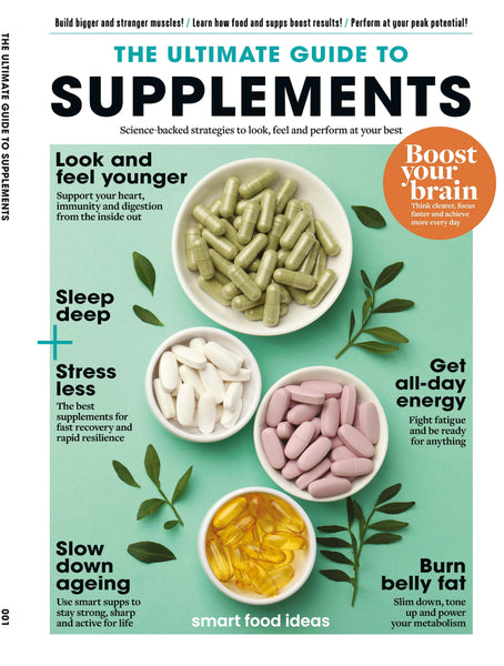 Magazine cover titled 'The Ultimate Guide to Supplements' with images of different supplement types on a green background.