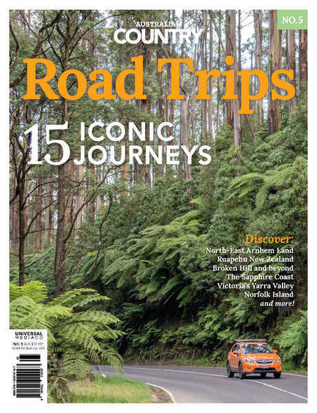 Magazine cover featuring a road trip through a forest with text about '15 Iconic Journeys' and 'Road Trips'.