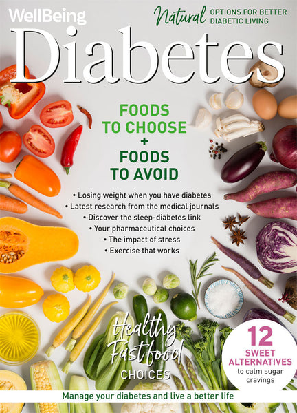 Magazine cover about diabetes with various foods and text on a white background