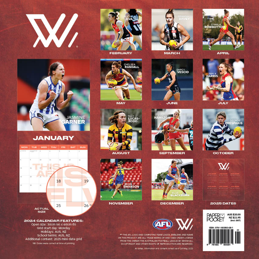 2024 AFL Womens Calendar Calendar Paper Pocket