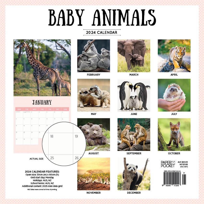 2024 Baby Animals Calendar Paper Pocket
