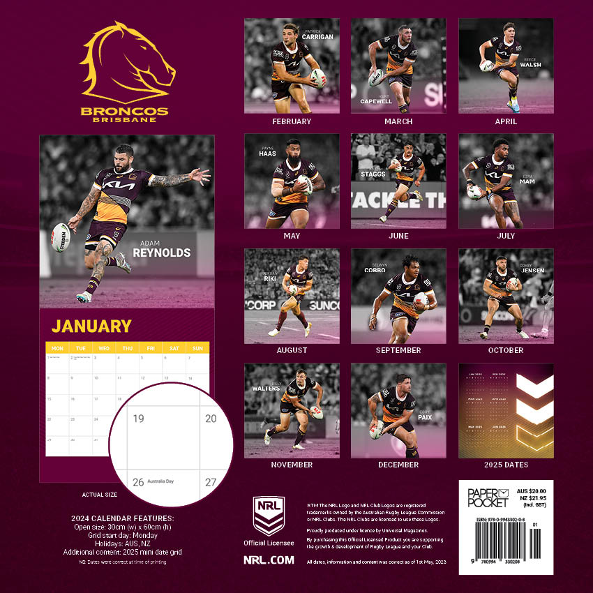 2024 NRL Brisbane Broncos Calendar Paper Pocket