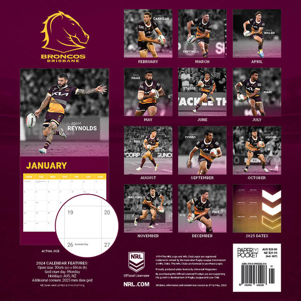 2024 NRL Brisbane Broncos Calendar Paper Pocket