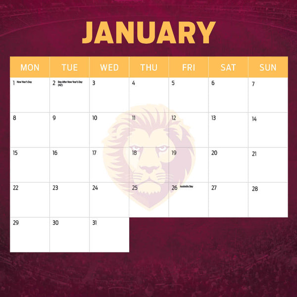 2024 Afl Brisbane Lions Calendar – Month Overview