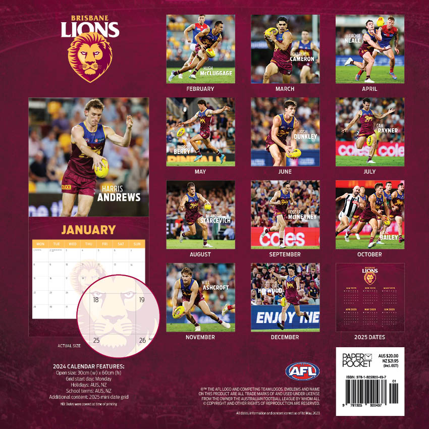 2024 AFL Brisbane Lions Calendar Paper Pocket