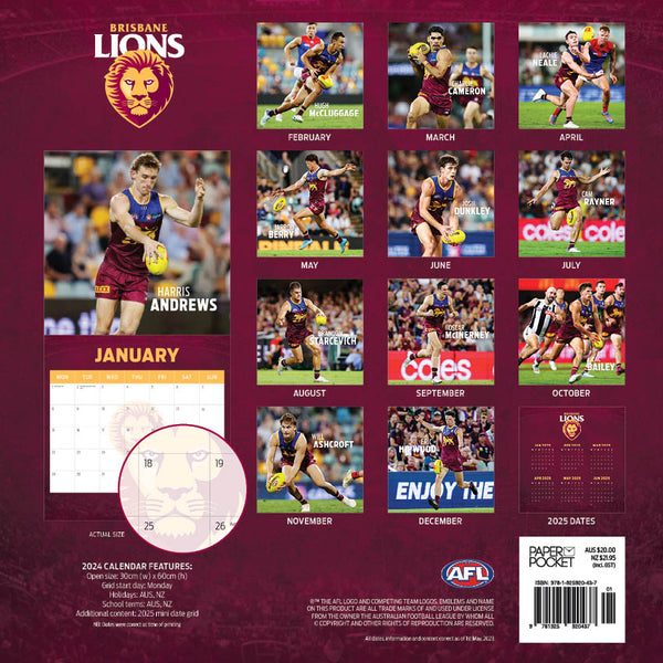 2024 Afl Brisbane Lions Calendar – Back Cover