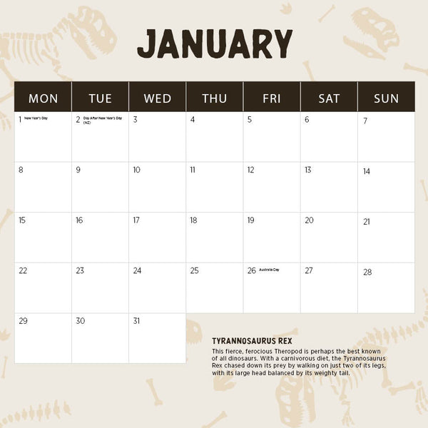 2024 Dinosaurs Calendar – Month Overview