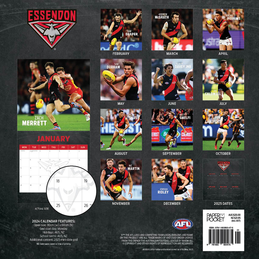 2024 AFL Essendon Bombers Calendar Paper Pocket