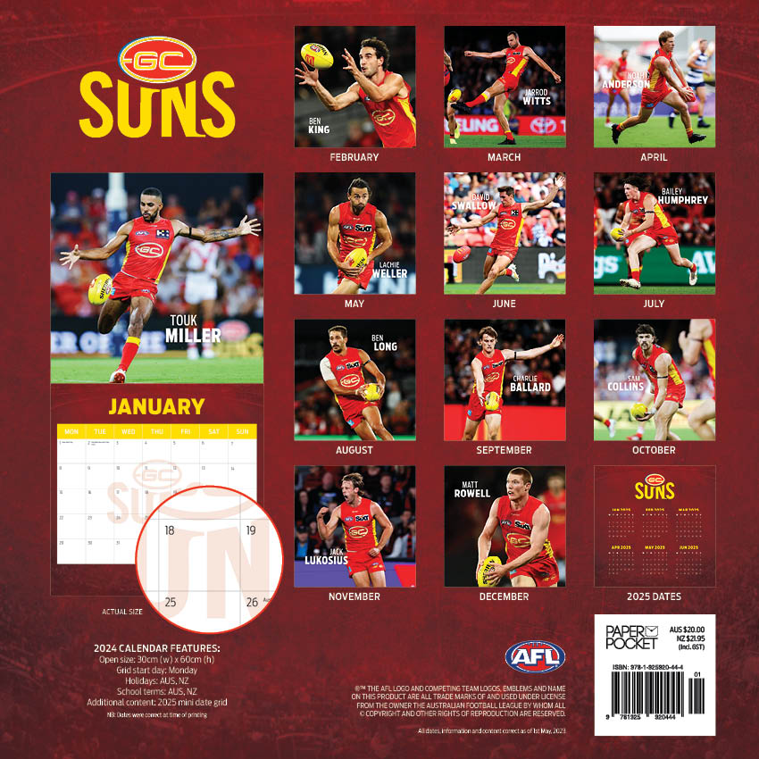 2024 AFL Gold Coast Suns Calendar Paper Pocket