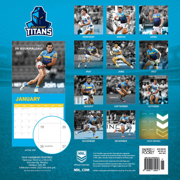 2024 Nrl Gold Coast Titans Calendar – Back Cover