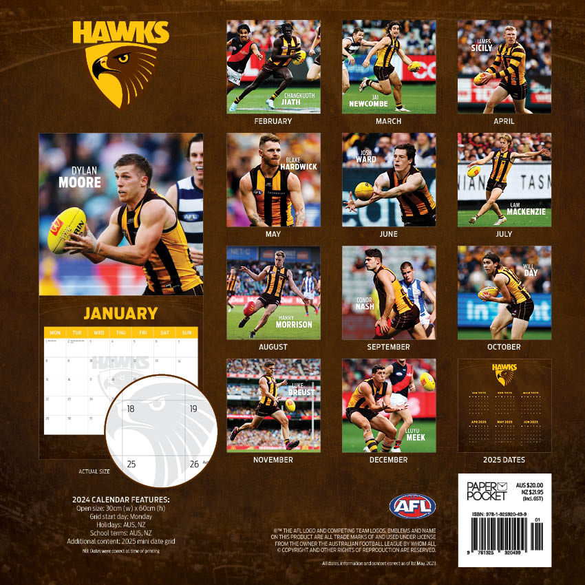 2024 AFL Hawthorn Hawks Calendar Paper Pocket