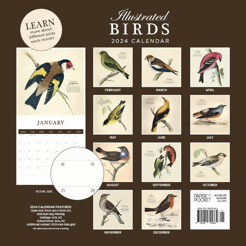 2024 Illustrated Birds Calendar Paper Pocket