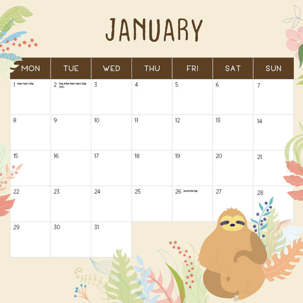 2024 Sloths Calendar – Month Overview