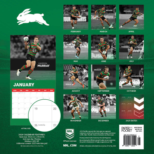 2024 Nrl South Sydney Rabbitohs Calendar – Back Cover
