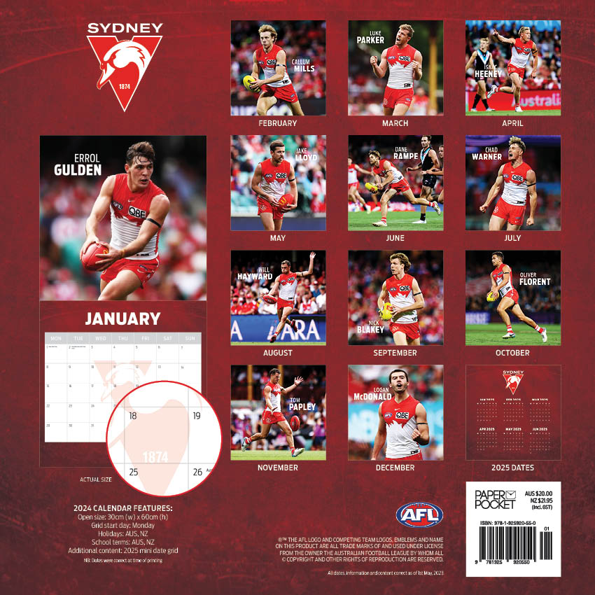 2024 AFL Sydney Swans Calendar Paper Pocket