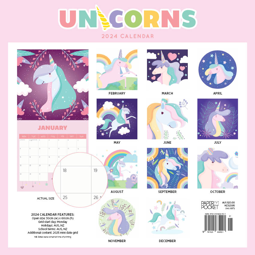 2024 Unicorns Calendar Paper Pocket