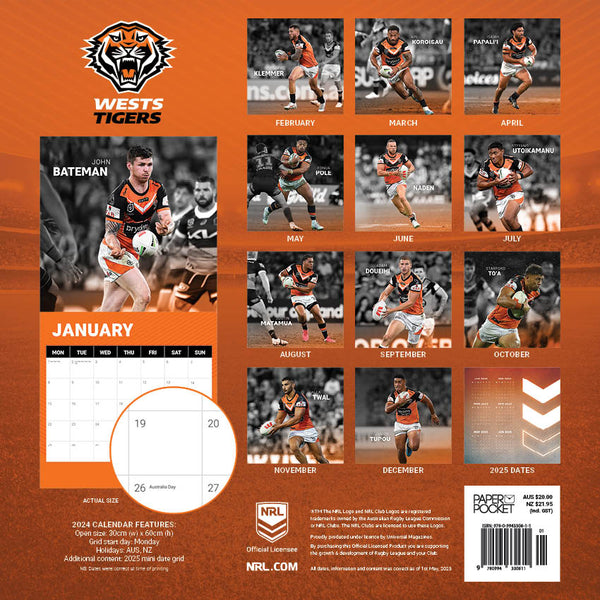 2024 Nrl Wests Tigers Calendar – Back Cover